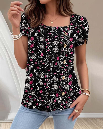 Casual Short Sleeve Floral Square Neck Top
