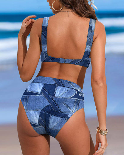 Bikini con slip a vita alta a contrasto retrò