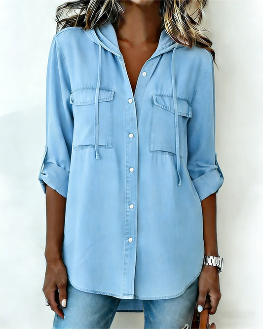 Women's Hooded Faux Denim Shirt blouses & shirts spring summer