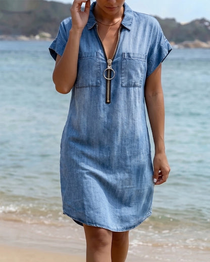 Half-Zip Denim Straight Dress