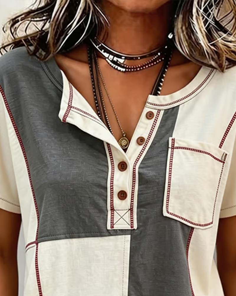 Contrast Color Crew Neck Button Patchwork T-Shirt spring summer t-shirts