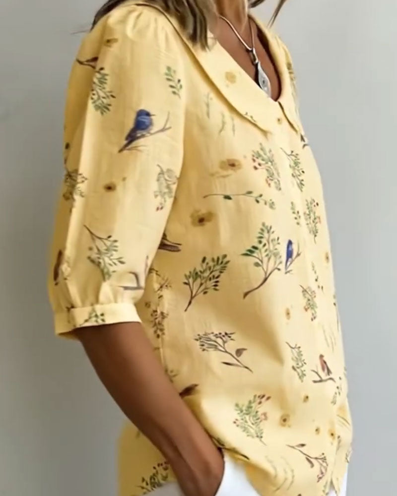 Bird Pattern Peter Pan Collar Shirt