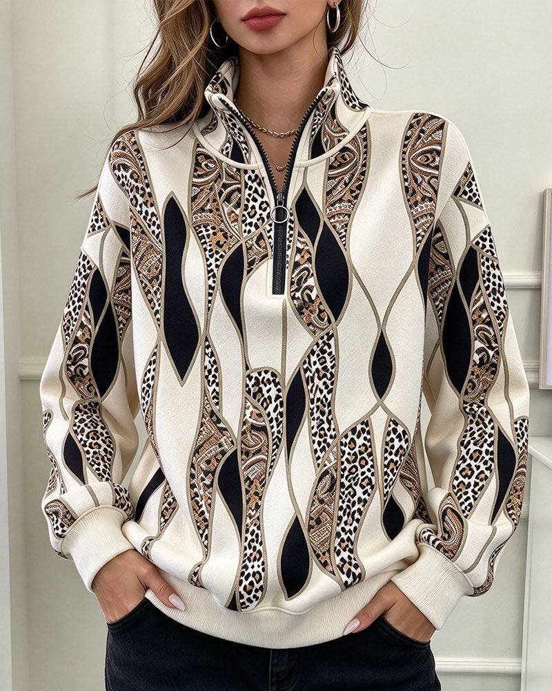 Geometric Paisley Half Zip Stand Collar Sweatshirt