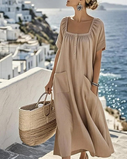 Square Neck Loose Half Buttoned Long Dress