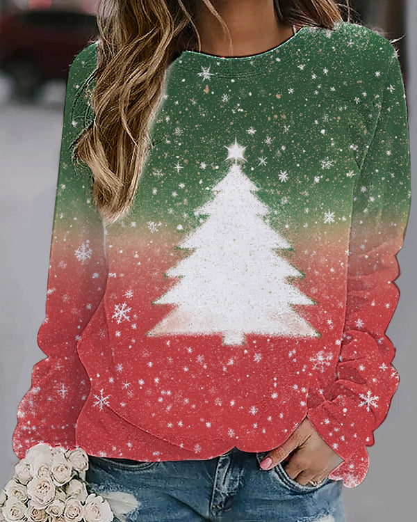 Casual Christmas tree print contrast crew neck sweatshirt 2024 f/w christmas spring sweatshirts