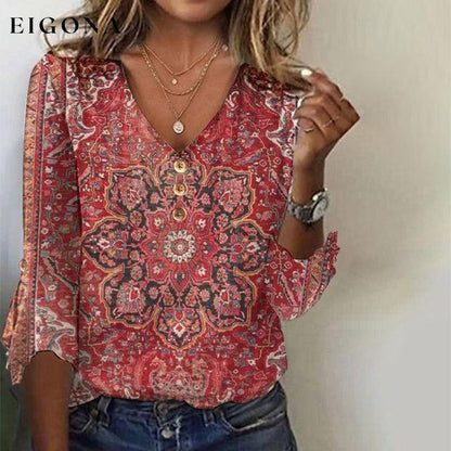 Vintage Ethnic Print Blouse Red best Best Sellings clothes Plus Size Sale tops Topseller