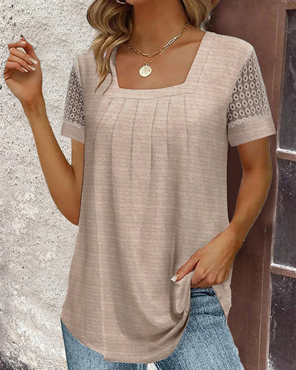 Square Neck Short Sleeve Pleated Blouse