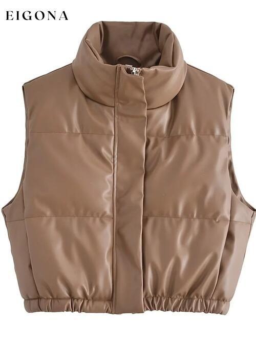 PU Leather Zip Up Drawstring Vest Taupe clothes K&BZ Ship From Overseas