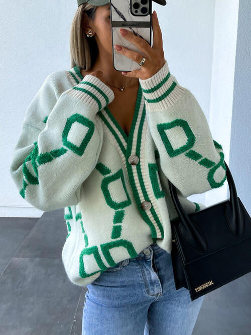 Geometric Dropped Shoulder Button Down Sweater Cardigan White cardigan cardigans clothes S.X Ship From Overseas sweater sweaters
