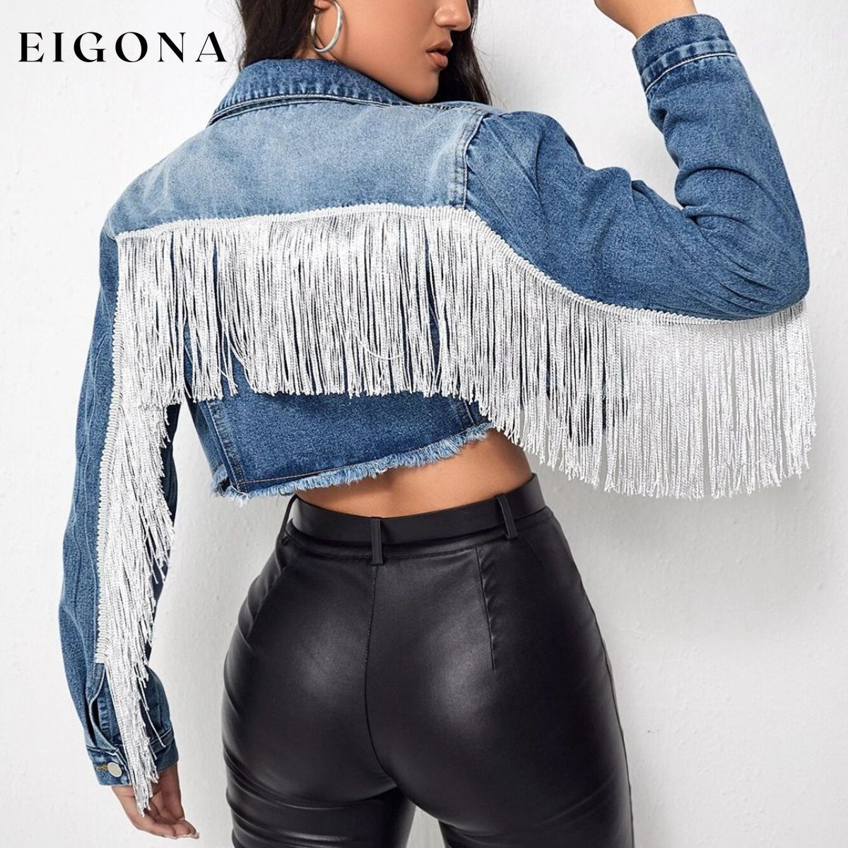 Fringe Detail Long Sleeve Cropped Denim Jacket ASZ@Denim clothes Denim Jacket denim jackets jean jackets Ship From Overseas Shipping Delay 09/29/2023 - 10/03/2023