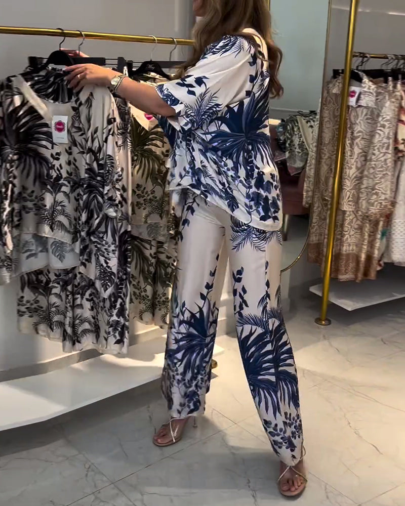 Leaf print V-neck three-quarter sleeve blouse and pants set spring summer two-piece sets