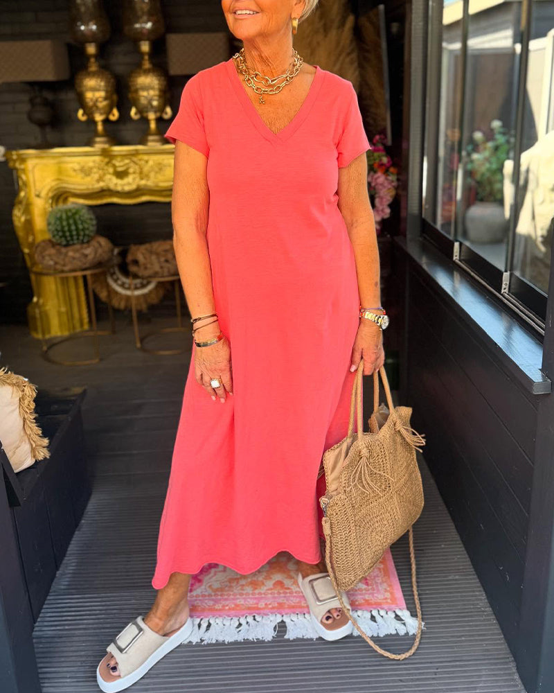 Abito lungo a maniche corte in tinta unita con scollo a V