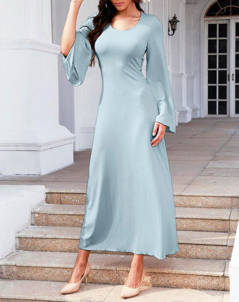 Tie Back Ribbed Round Neck Long Sleeve Dress casual dresses clothes dresses long sleeve dress long sleeve dresses maxi dress Ship From Overseas Y&M