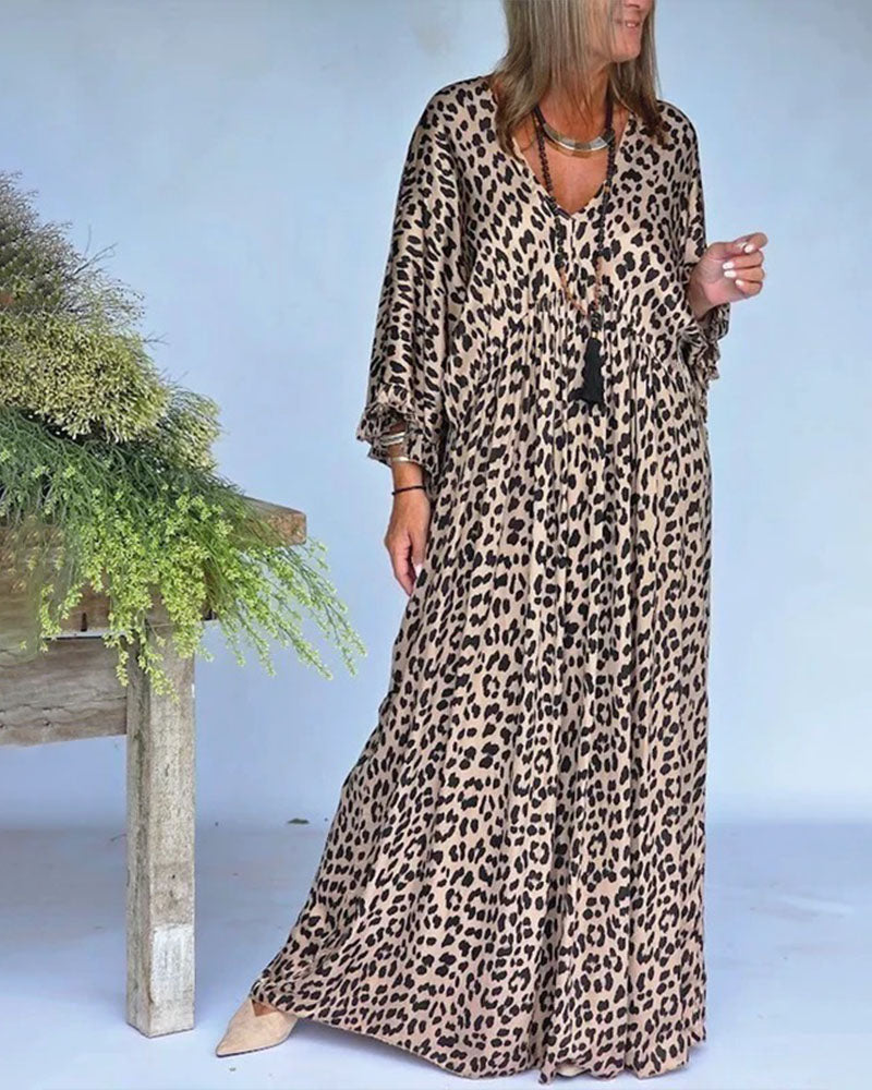 V-Neck Leopard Print Loose Fit Casual Dress