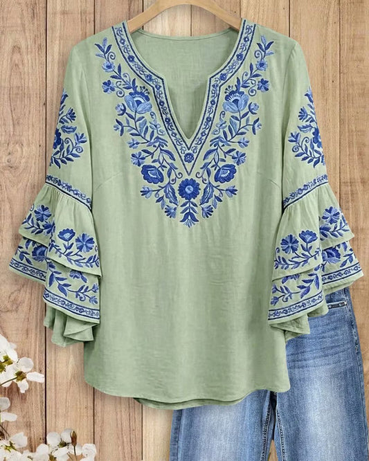 V-Neck Two-Tier Ruffle Bell Sleeve Blouse blouses & shirts spring summer