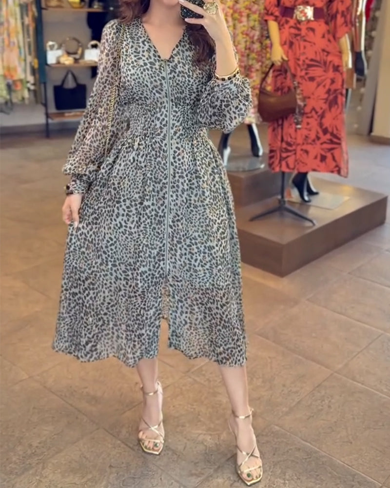 Puff Sleeve V-Neck Printed Dress