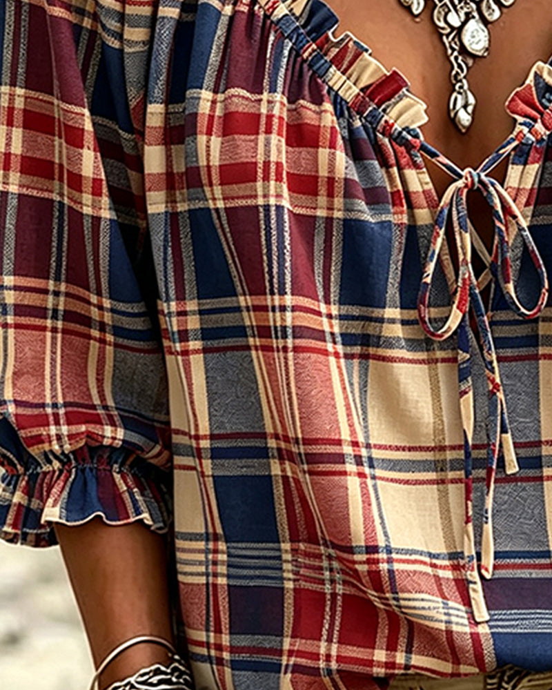V-Neck Tie Plaid Blouse blouses & shirts spring summer