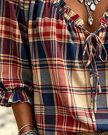 V-Neck Tie Plaid Blouse