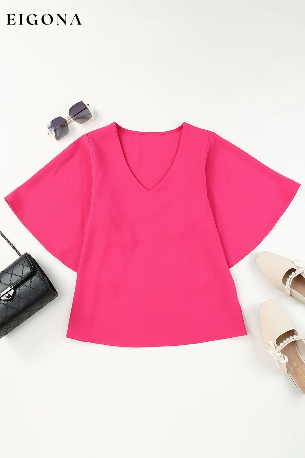 Rose Plain Flounce Bell Sleeve V Neck Blouse All In Stock clothes Color Pink Day Valentine's Day DL Exclusive Occasion Daily Print Solid Color Season Summer shirt shirts Style Modern top tops