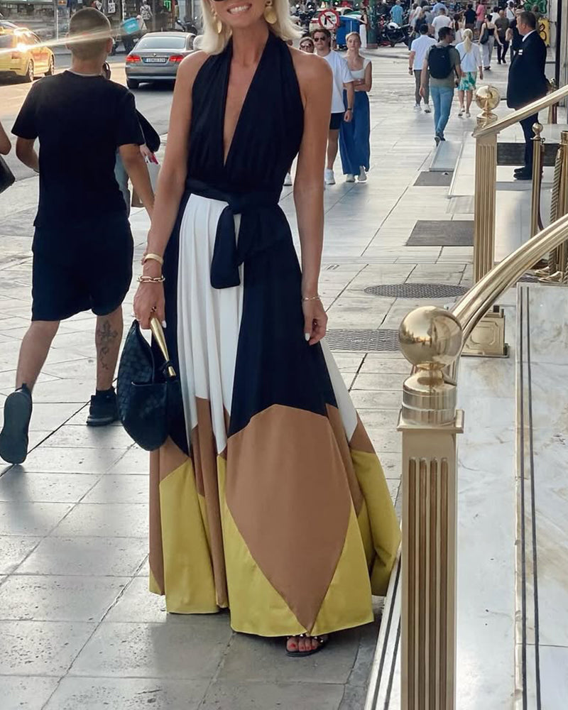 Abito lungo sexy con stampa a contrasto e scollo a V profondo