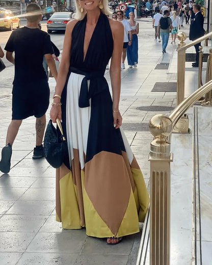 Abito lungo sexy con stampa a contrasto e scollo a V profondo