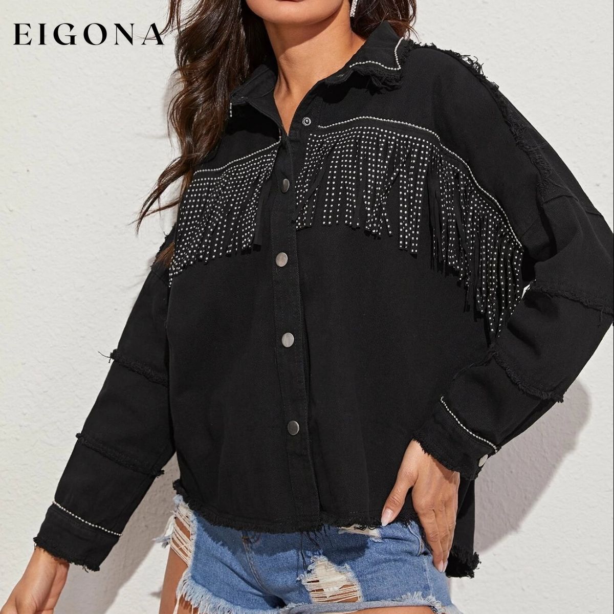 Fringe Detail Button-Down Collared Neck Denim Jacket ASZ@Denim clothes Jacket Jackets & Coats Ship From Overseas Shipping Delay 09/29/2023 - 10/03/2023