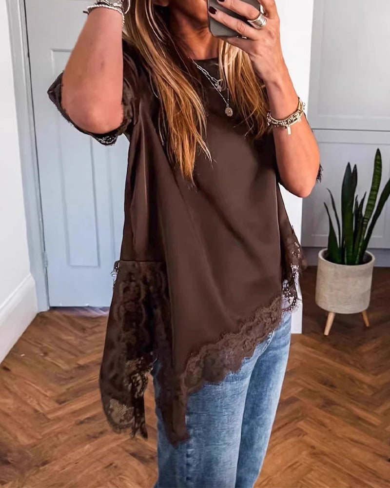 Irregular Lace Spliced Solid Color Blouse