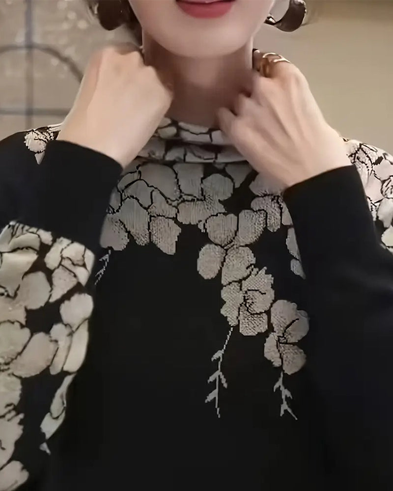 Fashion Turtleneck Floral Jacquard Pullover