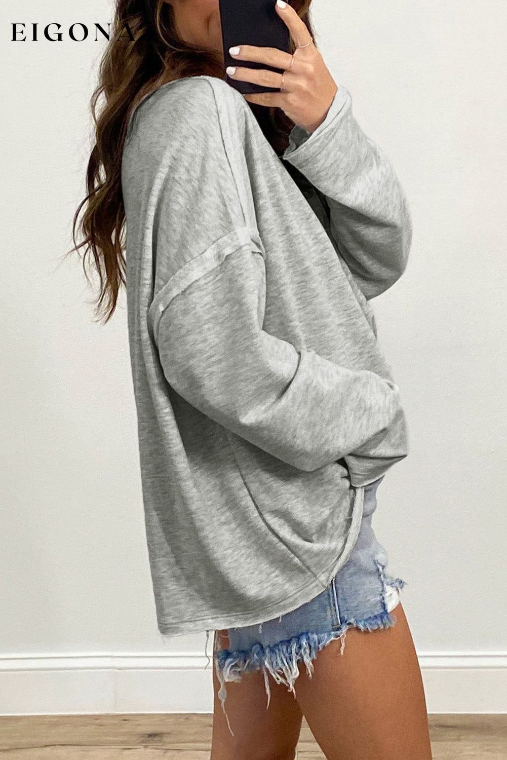 Gray Pocketed Oversized Drop Sleeve Top All In Stock clothes Craft Patchwork DL Exclusive Hot picks long sleeve shirts long sleeve top Occasion Daily Season Fall & Autumn Style Casual tops