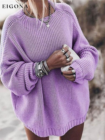 Round Neck Drop Shoulder Sweater Lavender A@Y@M clothes Ship From Overseas sweater sweaters Sweatshirt