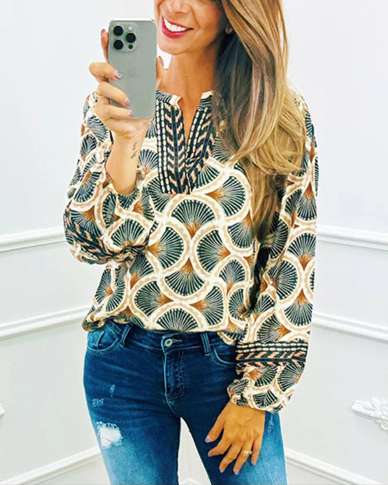 Puff Sleeve Fan Print Blouse 2024 f/w blouses & shirts