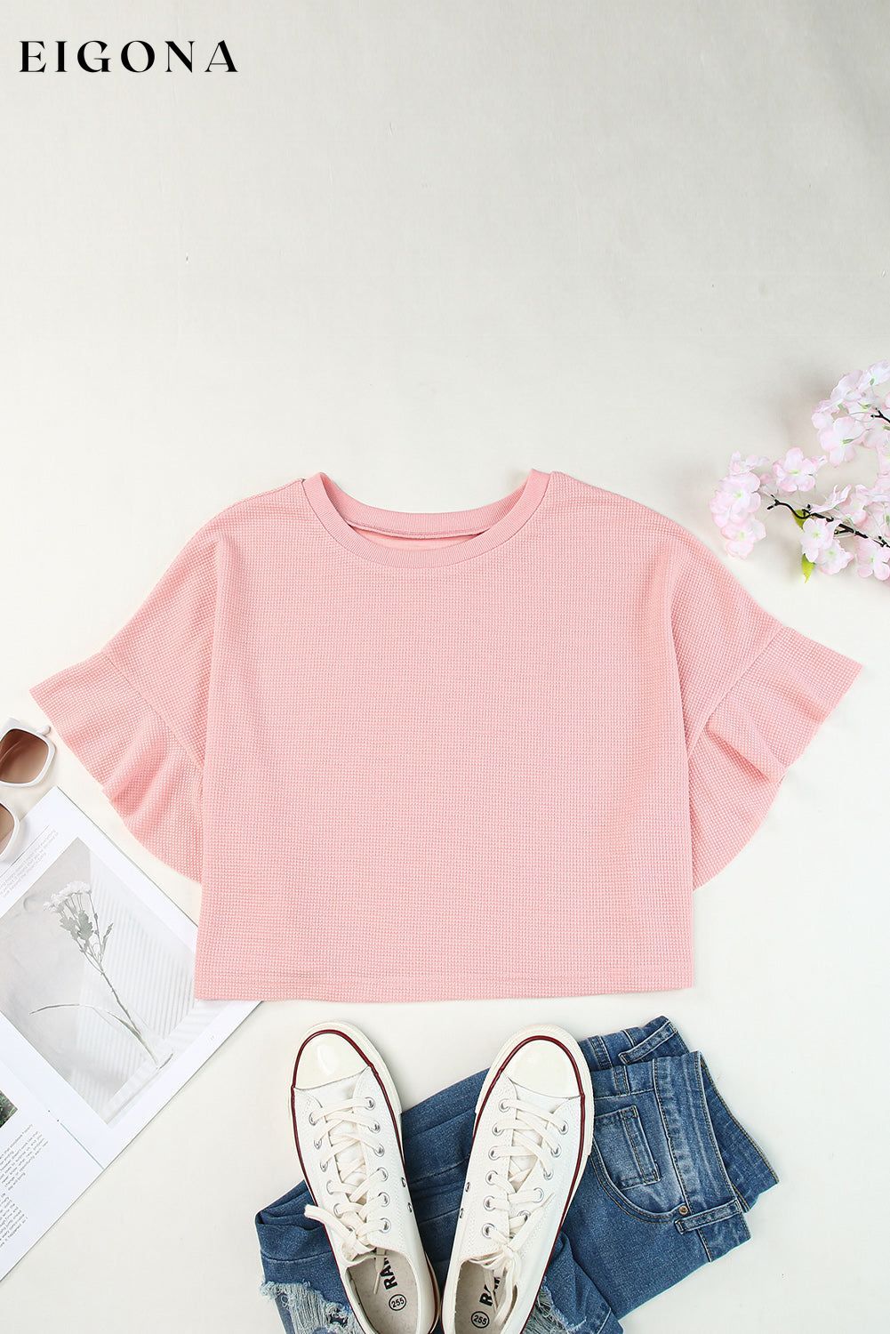 Pink Waffle Knit Ruffled Half Sleeve Blouse All In Stock clothes Color Pink crop top croptop Day Valentine's Day Fabric Waffle Knit Occasion Daily Print Solid Color Season Summer Style Southern Belle t shirts tops