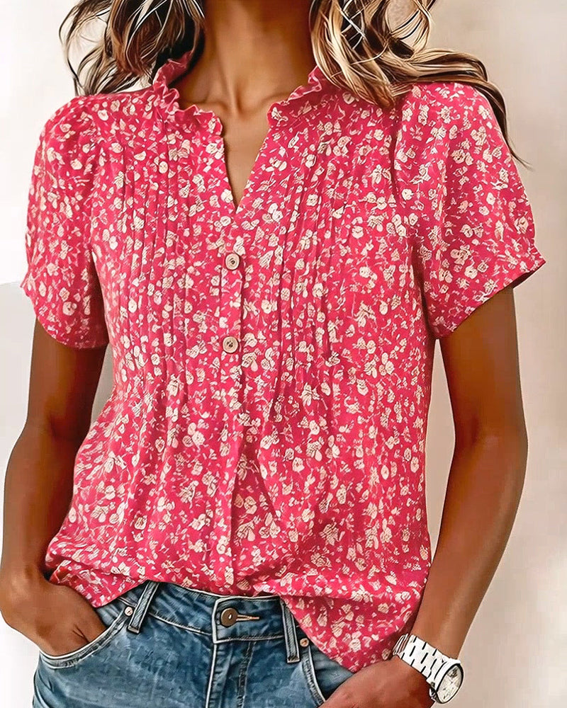 V-neck Button Floral Print Blouse