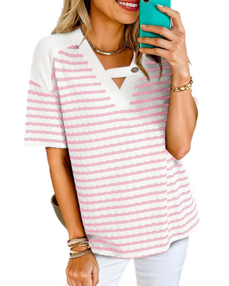Hollow Out Striped Short Sleeve T-Shirt