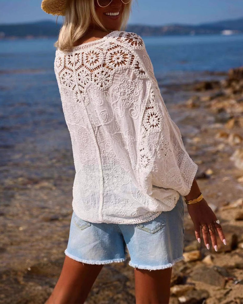 Cutout Lace Loose V-Neck Blouse