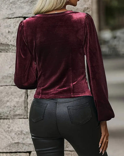 Stylish Puff-Sleeved Ruched Velvet Top
