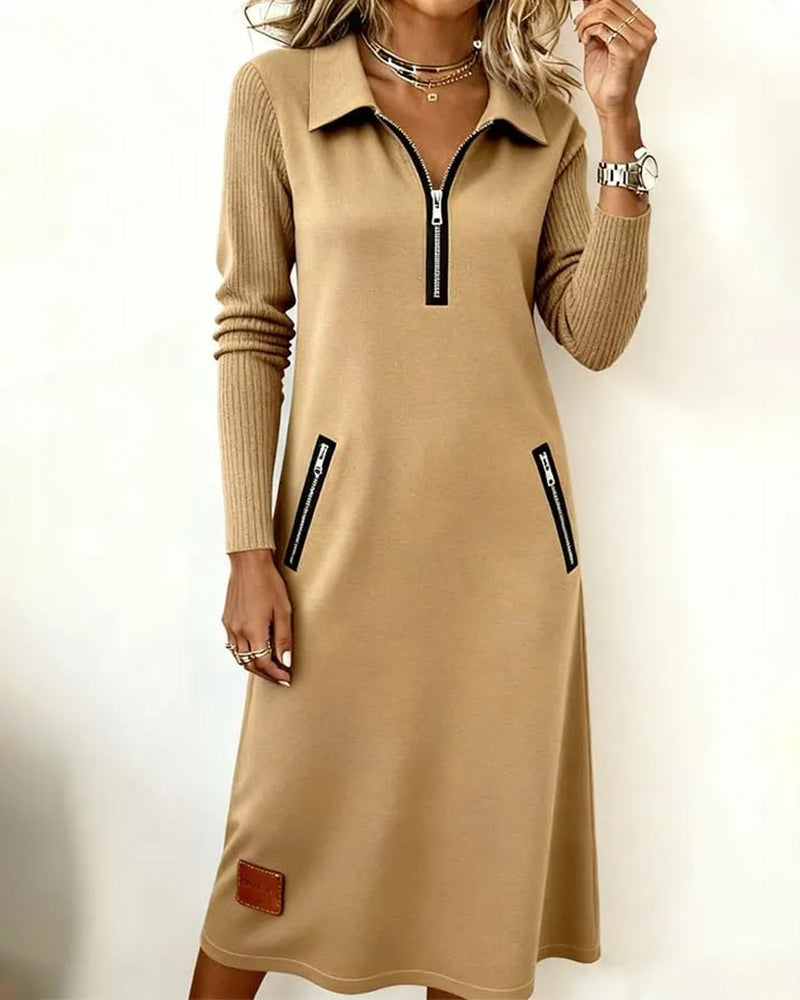Lapel Zippered Solid A-Line Dress 2024 f/w casual dresses spring