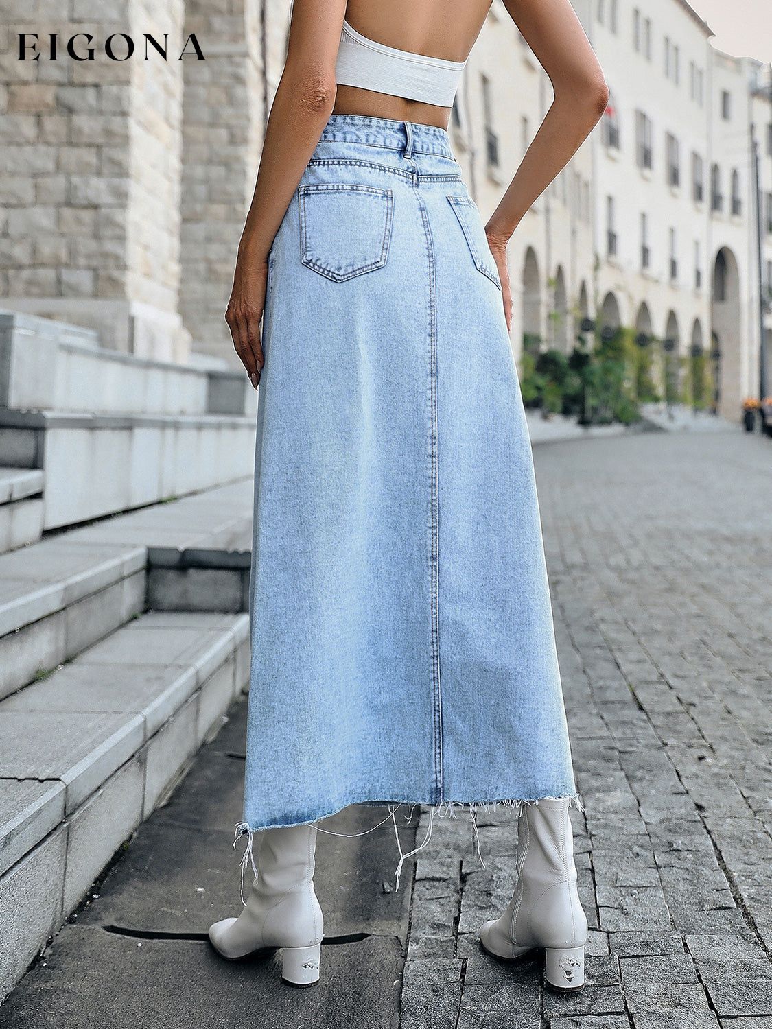 Raw Hem Midi Denim Skirt bottoms clothes denim skirts midi skirts Ship From Overseas Shipping Delay 09/29/2023 - 10/01/2023 skirt skirts Women's Bottoms Y@X@N@H