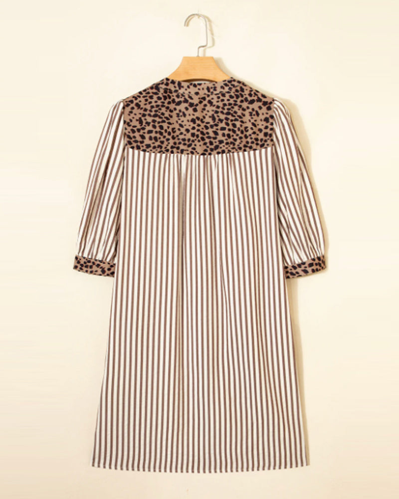 Striped Leopard Patchwork Shirt Dress