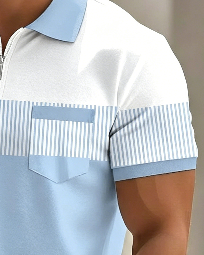 Patchwork Stripe Zipper Shirt
