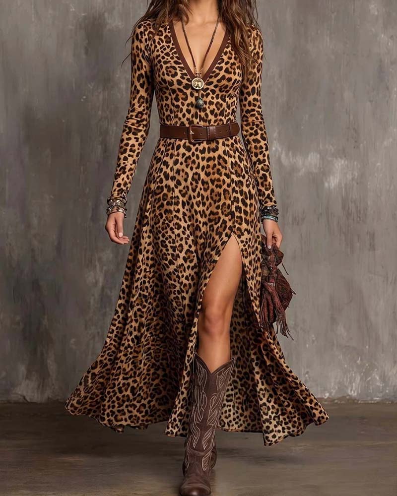 Leopard-Print V-Neck Dress With A Slit