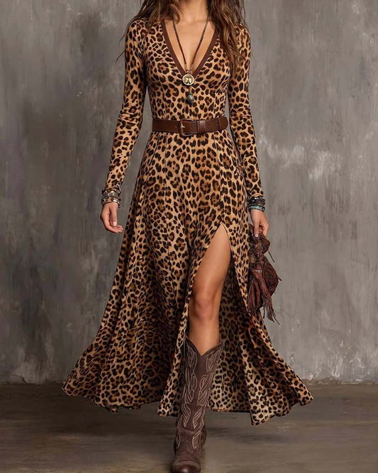 Leopard-Print V-Neck Dress With A Slit 2025 f/w casual dresses spring