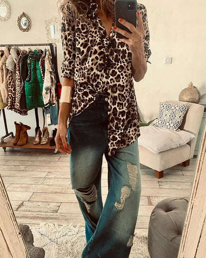 Long sleeve leopard print shirt blouses & shirts Spring summer