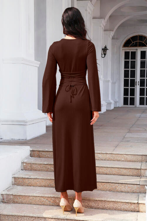 Tie Back Ribbed Round Neck Long Sleeve Dress casual dresses clothes dresses long sleeve dress long sleeve dresses maxi dress Ship From Overseas Y&M