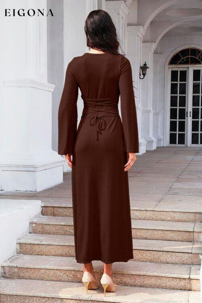 Tie Back Ribbed Round Neck Long Sleeve Dress casual dresses clothes dresses long sleeve dress long sleeve dresses maxi dress Ship From Overseas Y&M