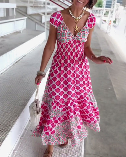 Abito lungo stampato con scollo a V profondo sexy