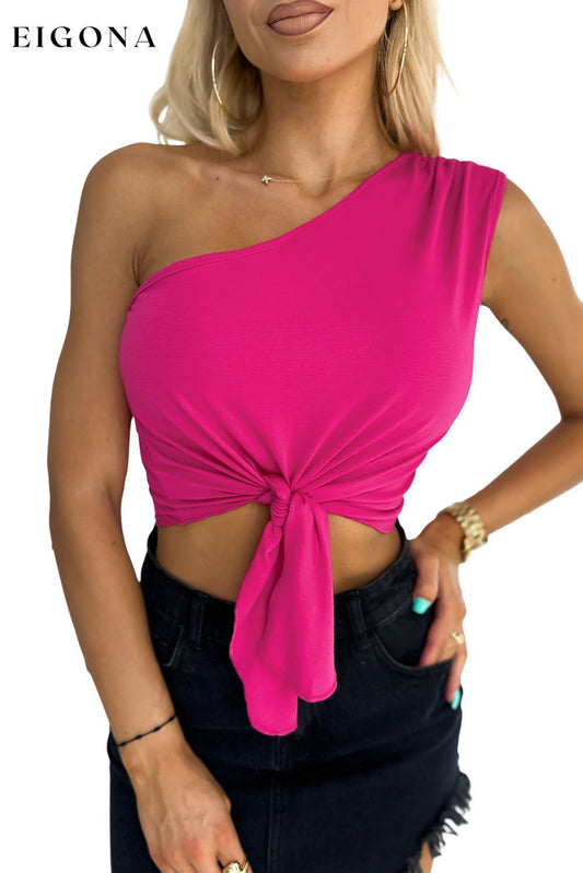 Rose One Shoulder Knotted Sleeveless Top with Asymmetrical Hem clothes Collar Off Shoulder Color Pink crop top croptop Day Valentine's Day DL Exclusive Occasion Vacation Season Summer short sleeve Style Feminine top tops trend