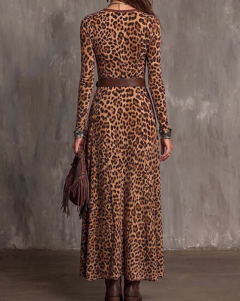 Leopard-Print V-Neck Dress With A Slit 2025 f/w casual dresses spring