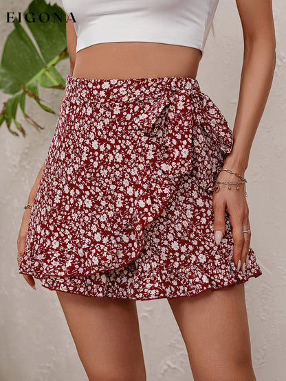 Printed Tie Waist Shorts Brick Red clothes Ship From Overseas Shipping Delay 09/29/2023 - 10/03/2023 trend Z@Q