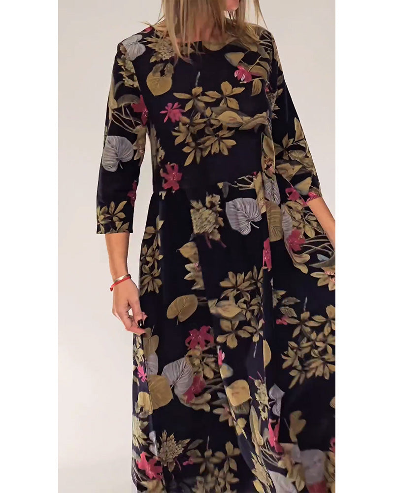 Floral and leaf print round neck elegant dress 2024 f/w casual dresses spring